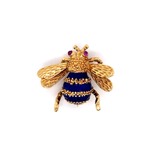 Circa 1960 Enamel and Cabochon Ruby Bee Brooch in 18 Karat Gold