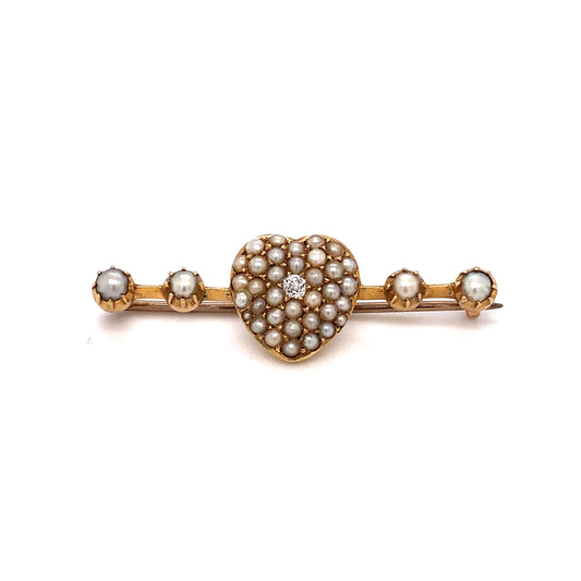 Circa 1850 Pearl and Diamond Heart Bar Mourning Brooch with Hair in 18K Gold
