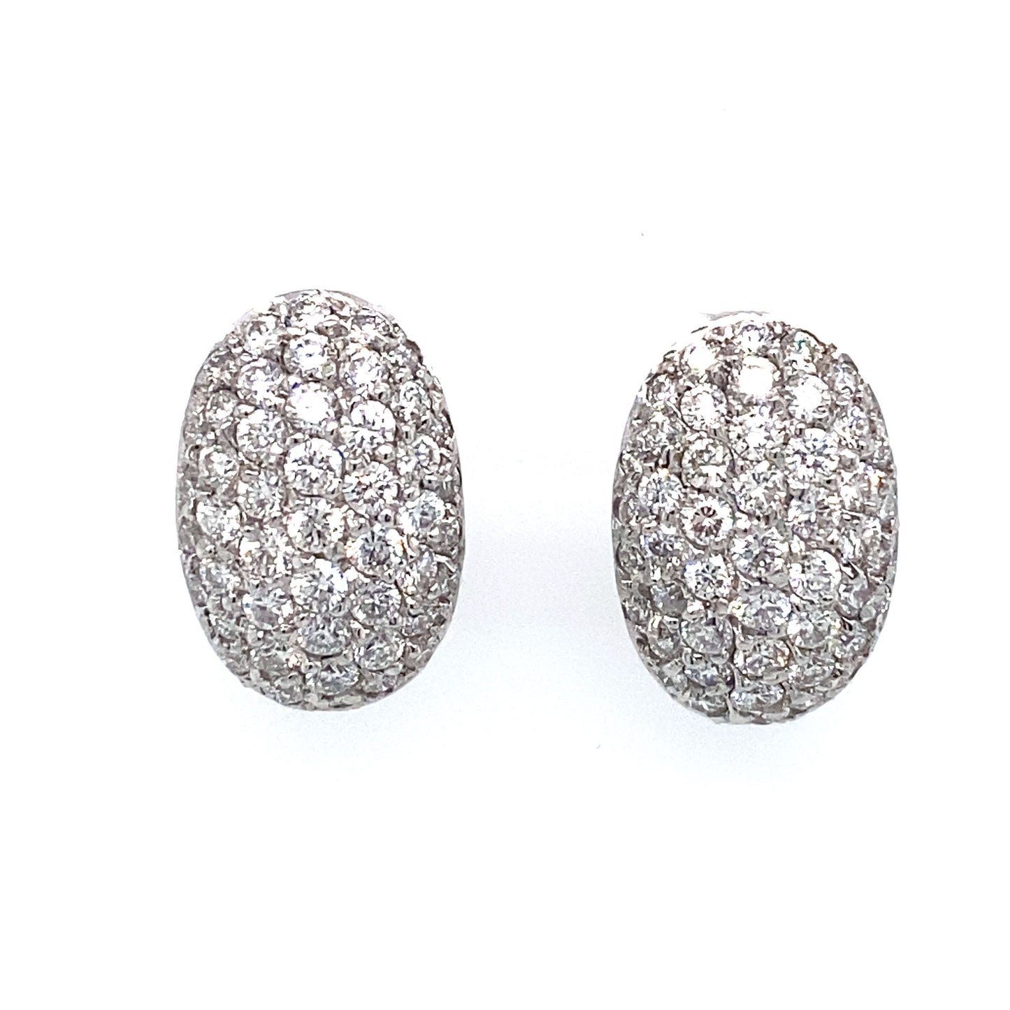 Circa 1950 Curved Oval French Clip Pave Diamond Earrings in 18K White Gold