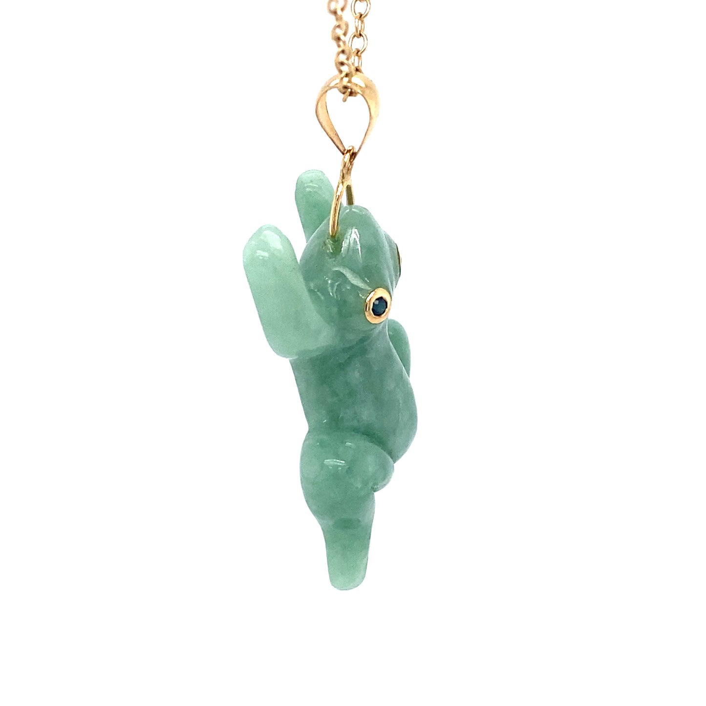 Circa 1980 Green Jade Frog Pendant with Sapphire Eyes in 14K Gold