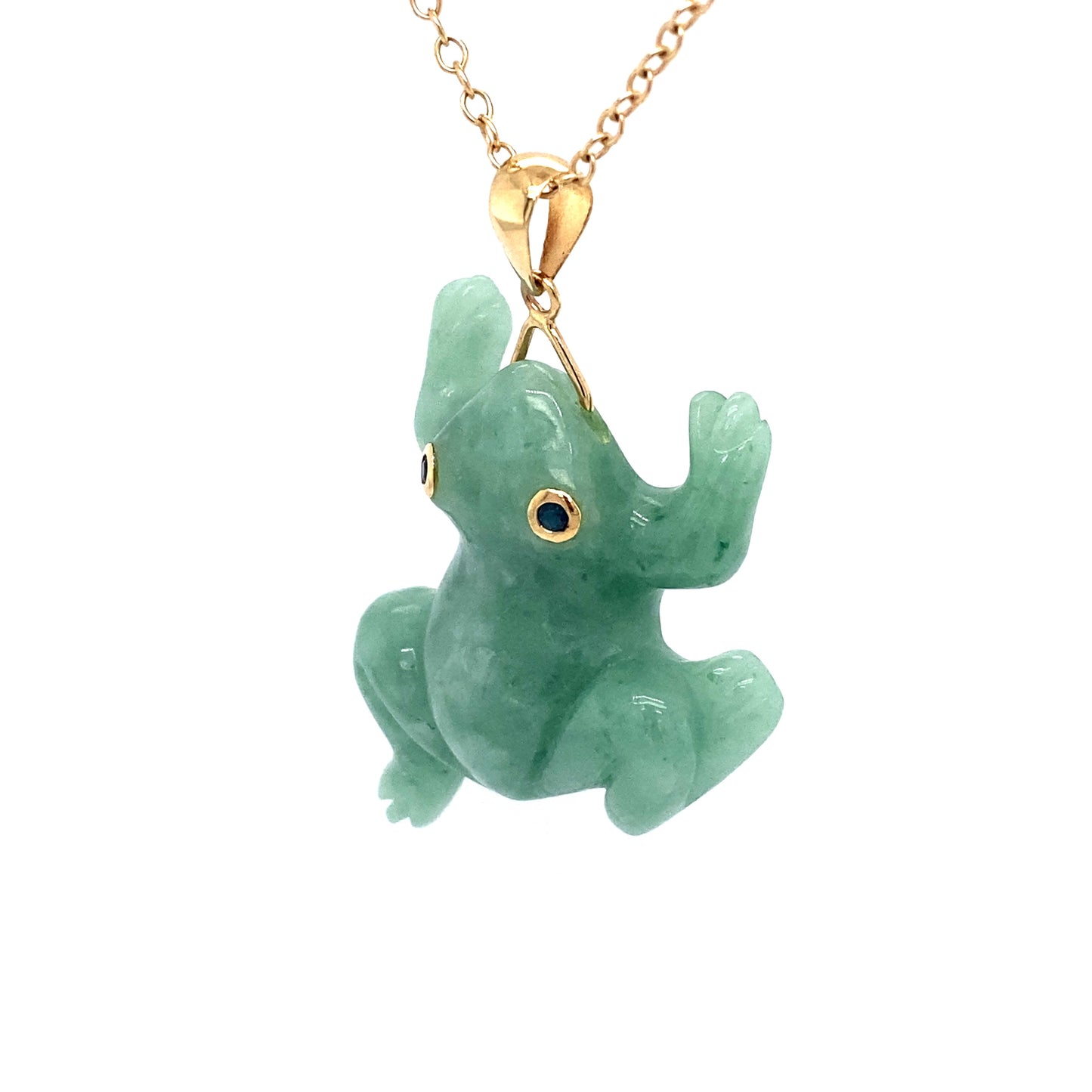 Circa 1980 Green Jade Frog Pendant with Sapphire Eyes in 14K Gold