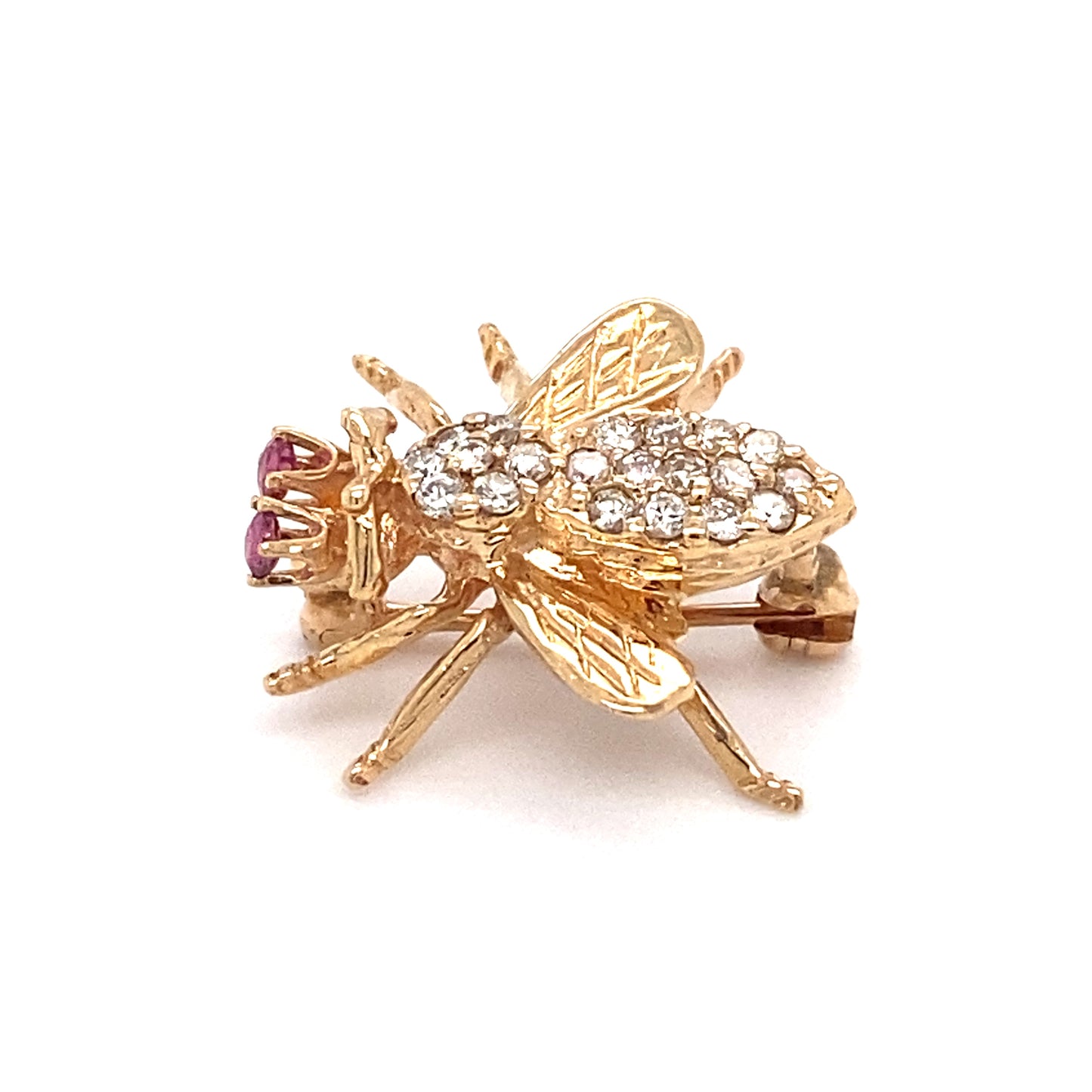 Circa 1980 Diamond Bee Pin With Ruby Eyes in 14 Karat Gold