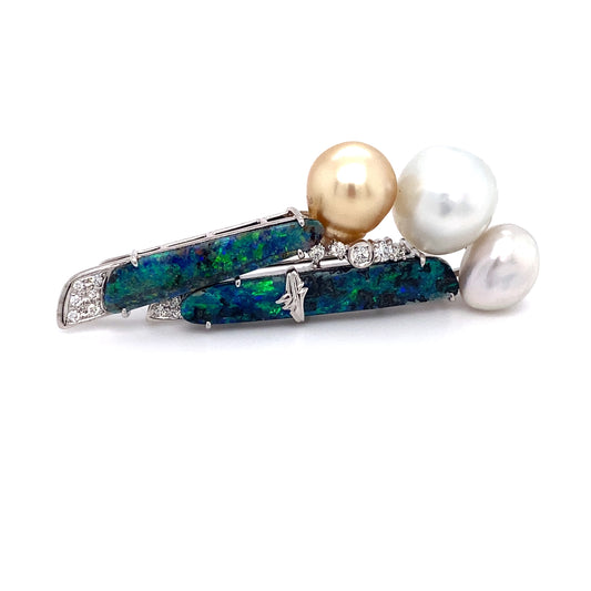 Circa 1970 Freeform Opal, Pearl and Diamond Brooch/Pendant in 18K White Gold