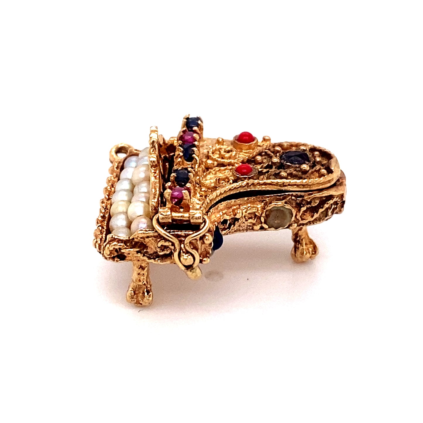 Circa 1950 Pearl, Ruby and Sapphire Articulated Piano Pendant in 14 Karat Gold