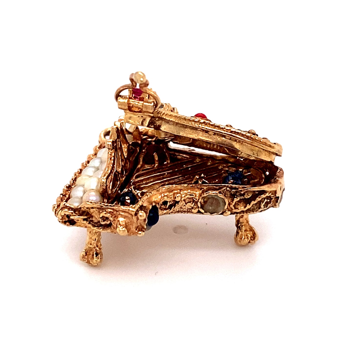 Circa 1950 Pearl, Ruby and Sapphire Articulated Piano Pendant in 14 Karat Gold