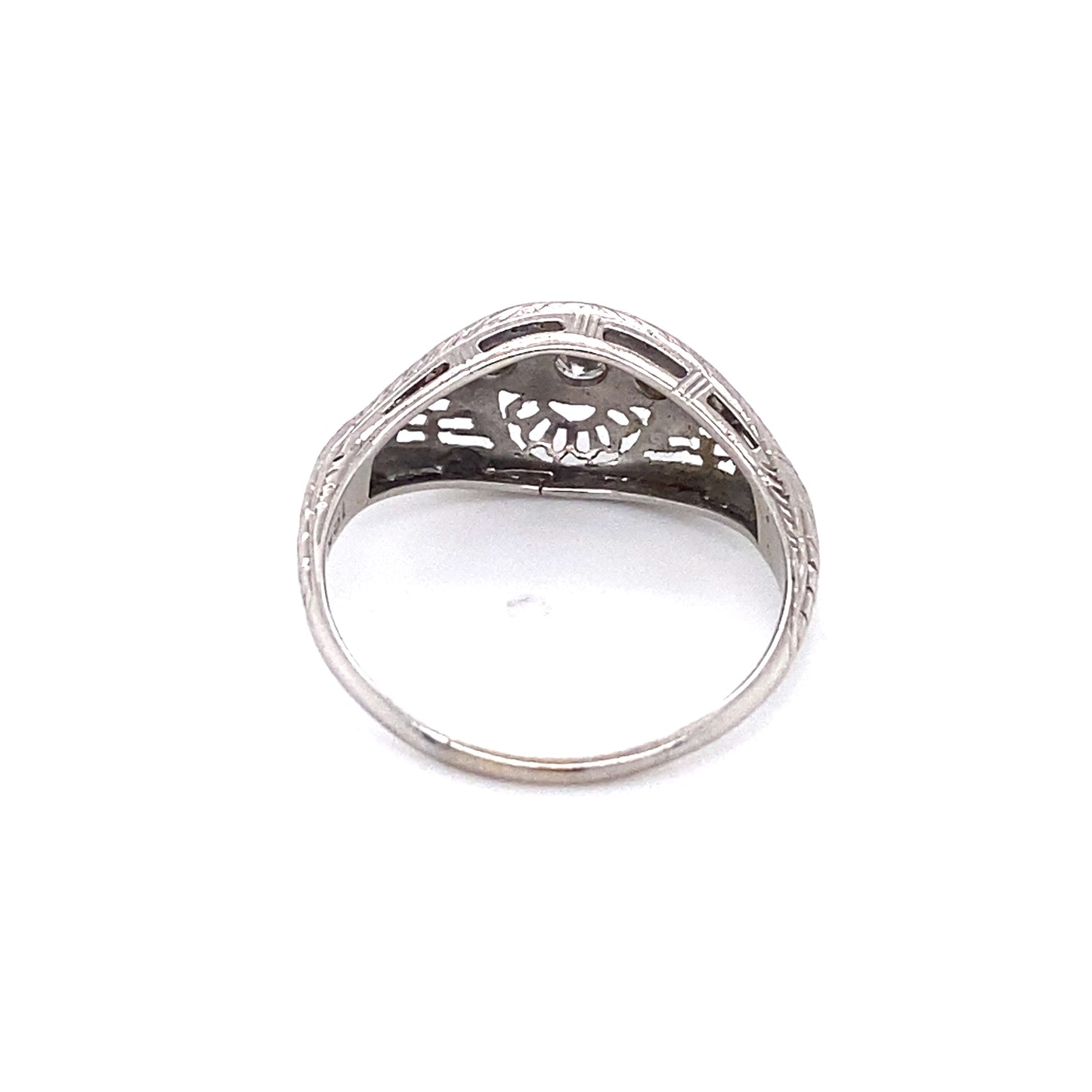Circa 1920s Art Deco Three Stone Diamond Filigree Ring in 18 Karat White Gold