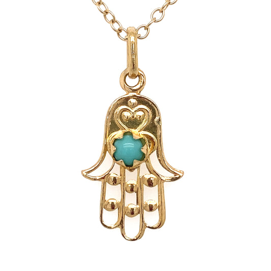 Circa 1950s Turquoise Evil Eye Hamsa Pendant in 18K Gold