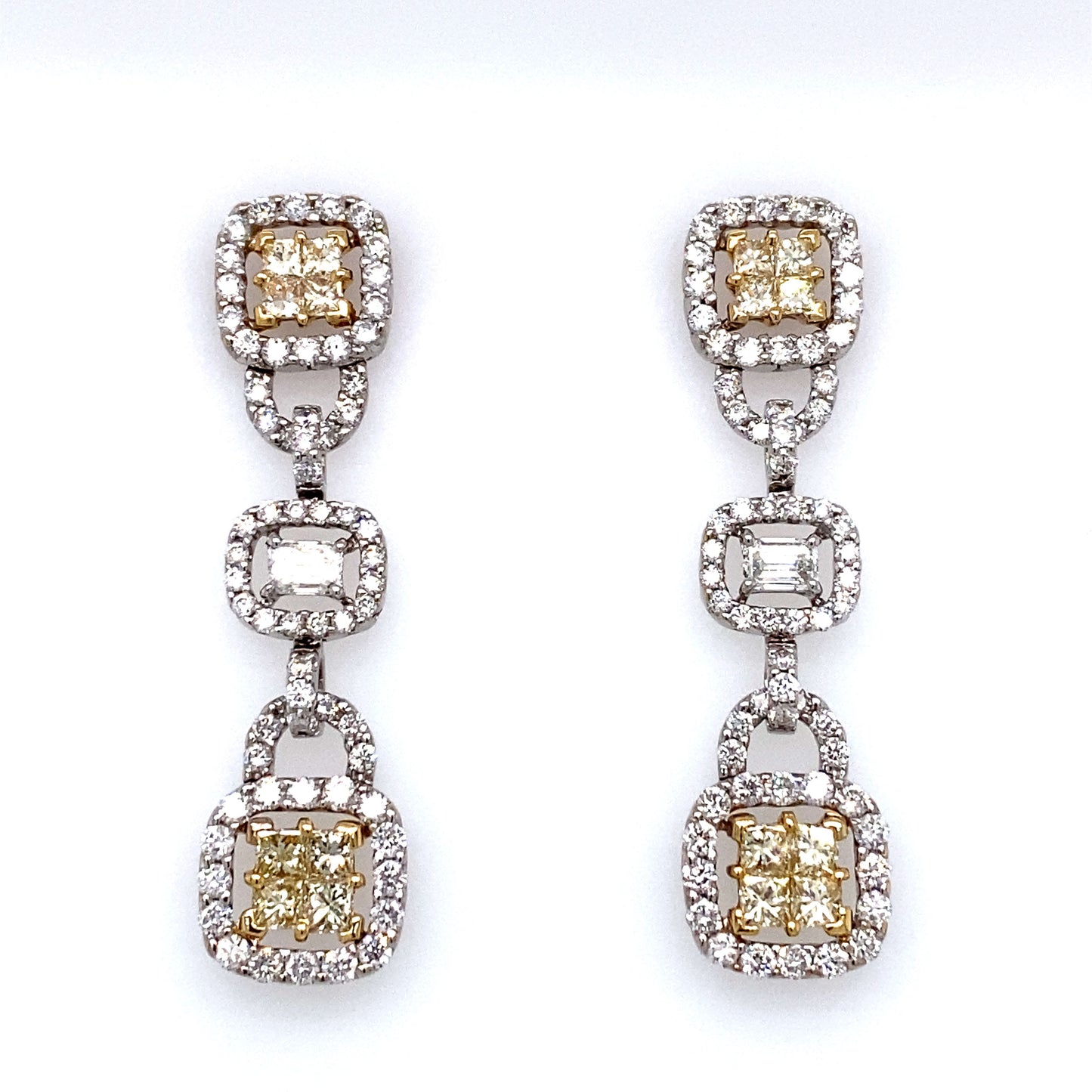 Circa 1980s White and Yellow Diamond Dangle Earrings in 18K White Gold