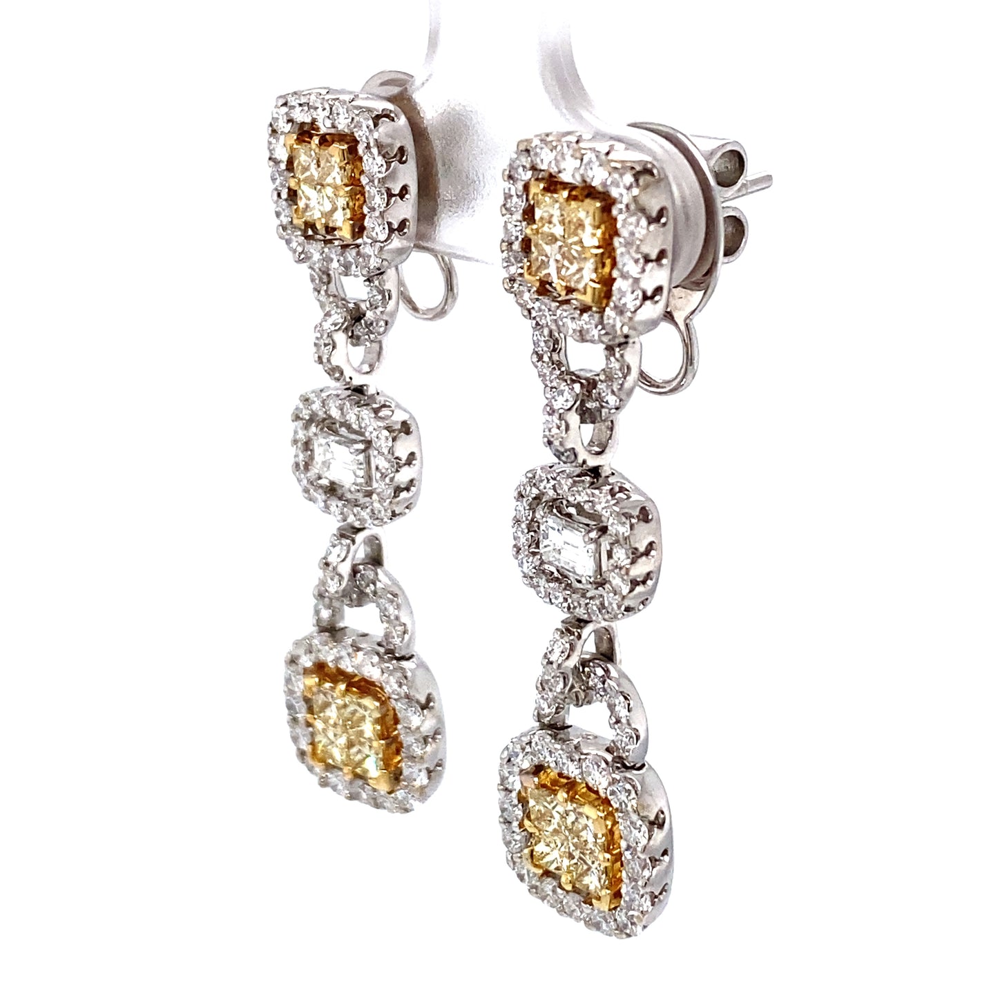 Circa 1980s White and Yellow Diamond Dangle Earrings in 18K White Gold