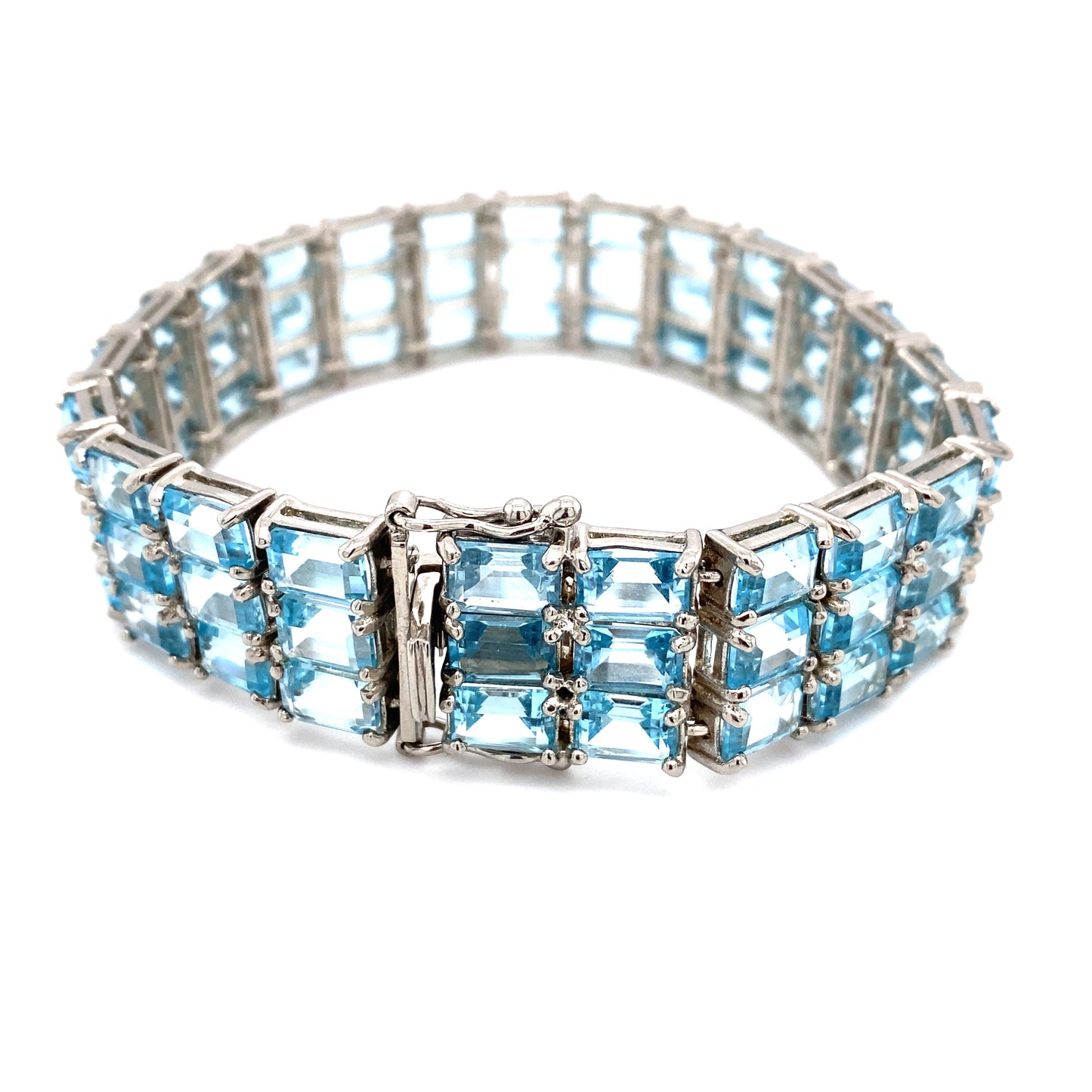 Circa 1960s 66 Carat Blue Topaz Three Row Bracelet in Sterling Silver