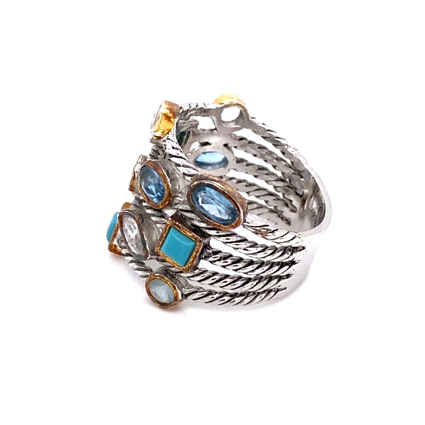 Circa 1990s Topaz, White Quartz and Turquoise Ring in Sterling Silver