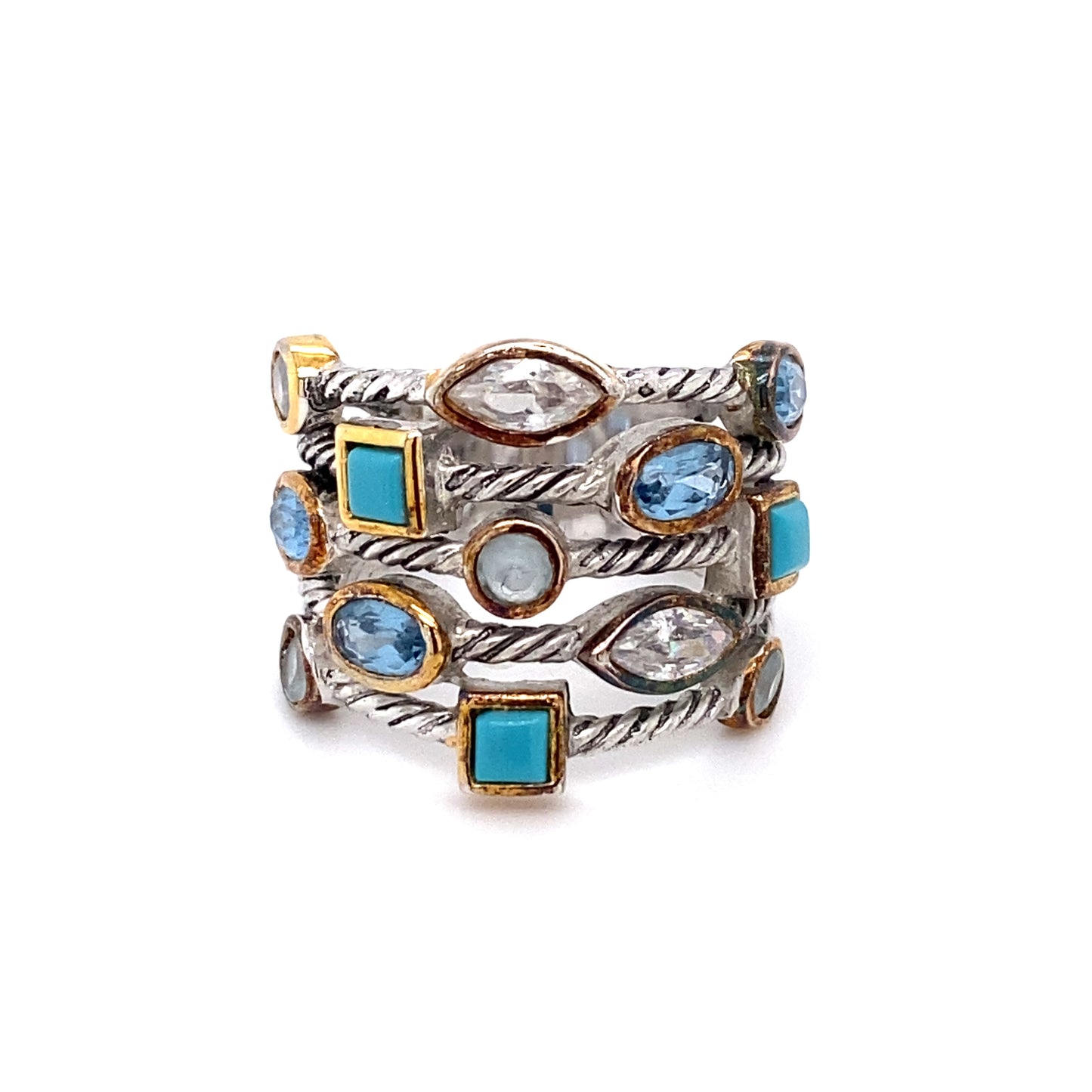Circa 1990s Topaz, White Quartz and Turquoise Ring in Sterling Silver