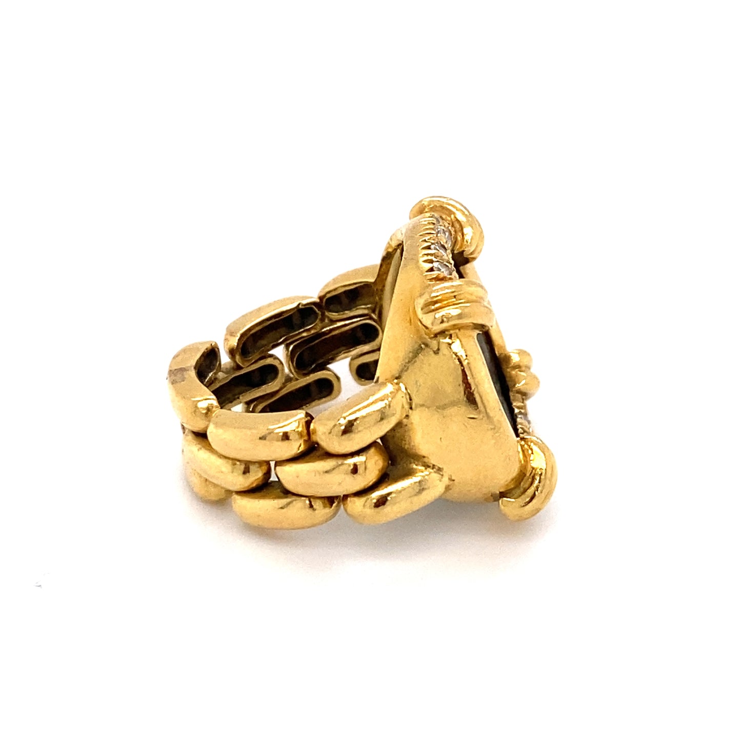 Circa 1990s Chain Link Roman Coin Ring With Diamonds in 18K Gold