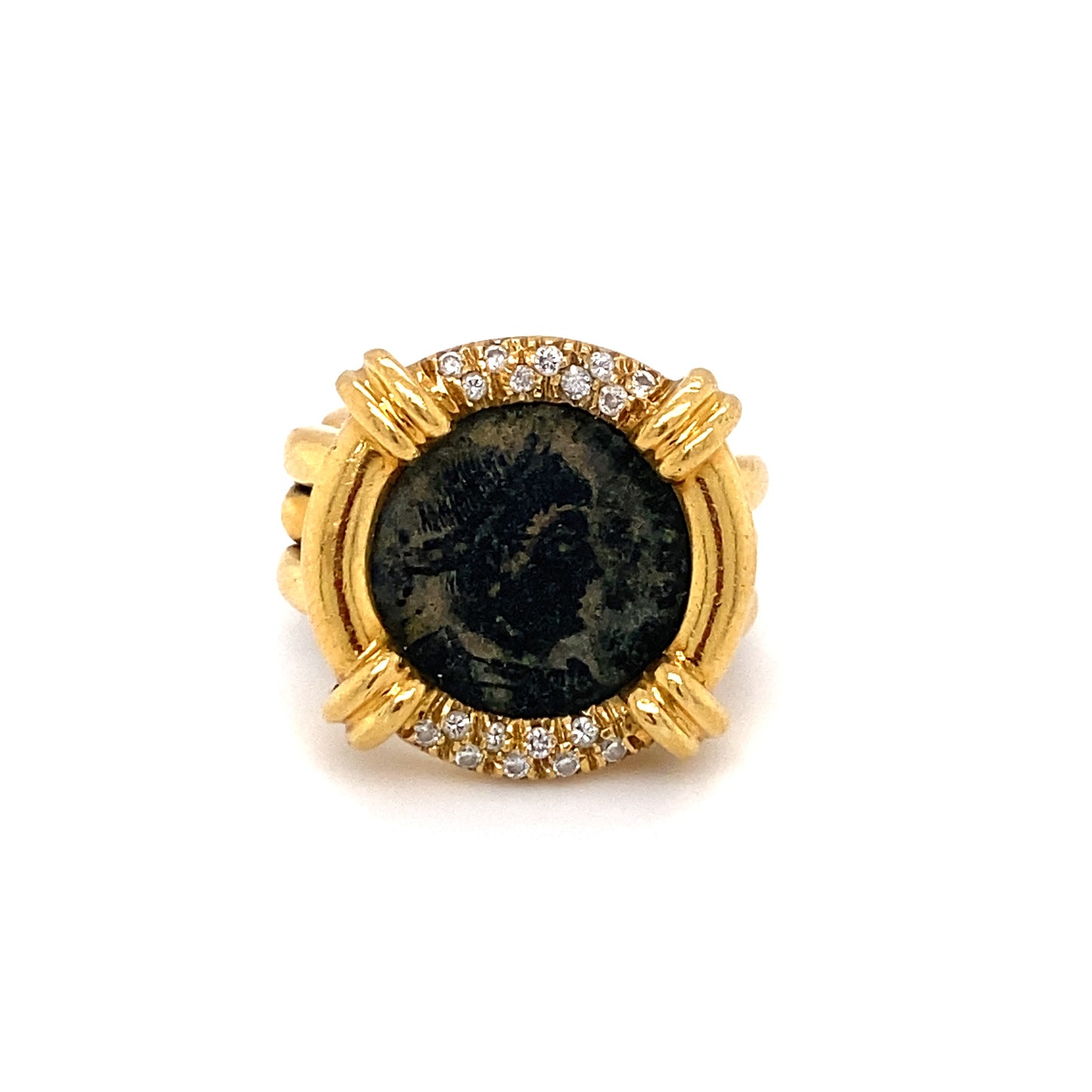 Circa 1990s Chain Link Roman Coin Ring With Diamonds in 18K Gold