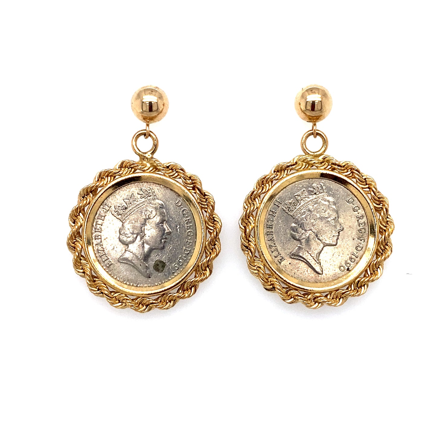 Circa 1990 Five British Pence Coin Earrings with Rope Frames in 14K Gold