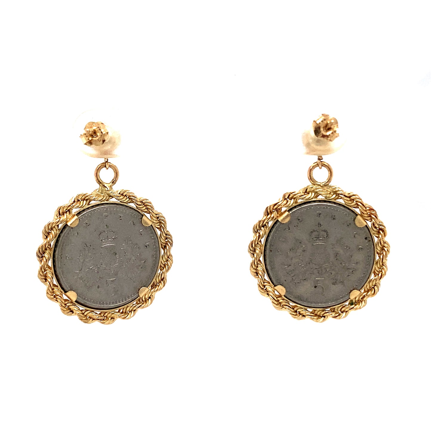 Circa 1990 Five British Pence Coin Earrings with Rope Frames in 14K Gold