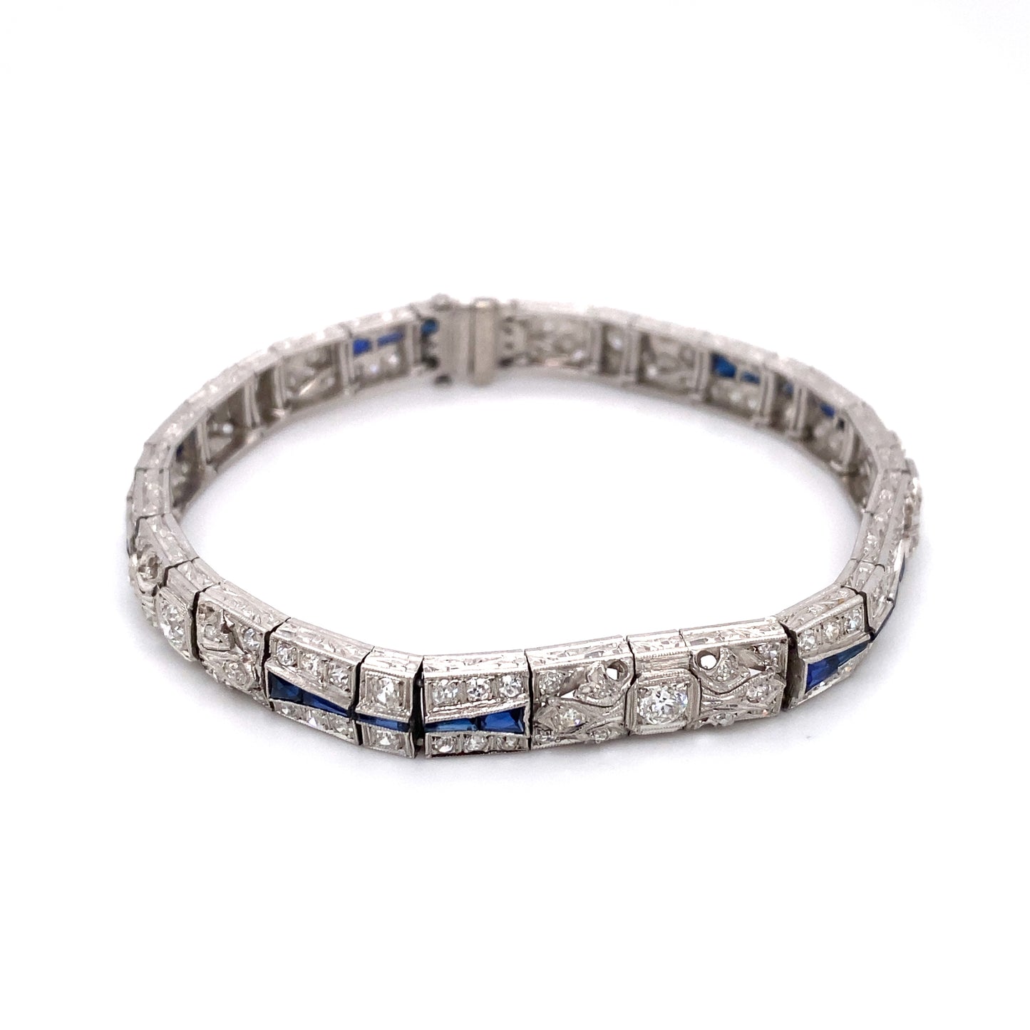 Circa 1910 Art Deco 5.0 Carat Diamond and Sapphire Bracelet in Platinum