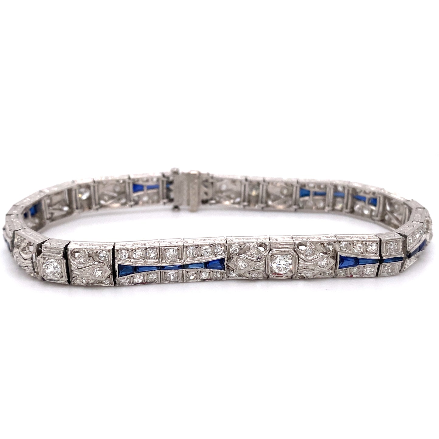 Circa 1910 Art Deco 5.0 Carat Diamond and Sapphire Bracelet in Platinum