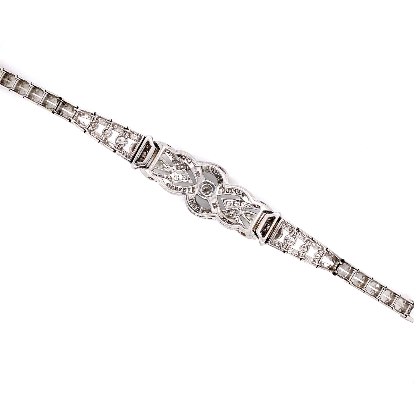 Circa 1950s 5 Carat Pear, Baguette and Round Diamond Bracelet in 14K White Gold