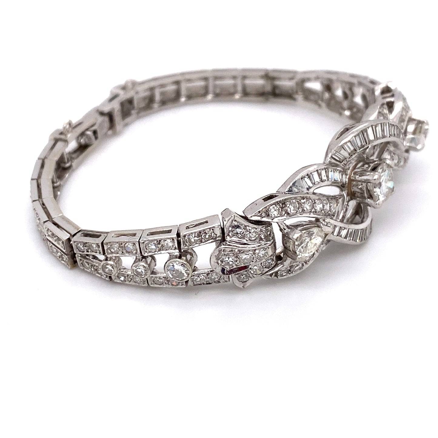 Circa 1950s 5 Carat Pear, Baguette and Round Diamond Bracelet in 14K White Gold