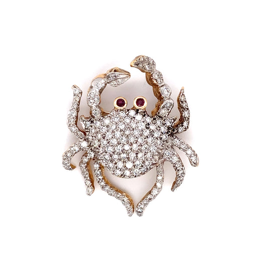Circa 1960s 2.0 Carat Diamond and Ruby Crab Brooch in Platinum and 14K Gold