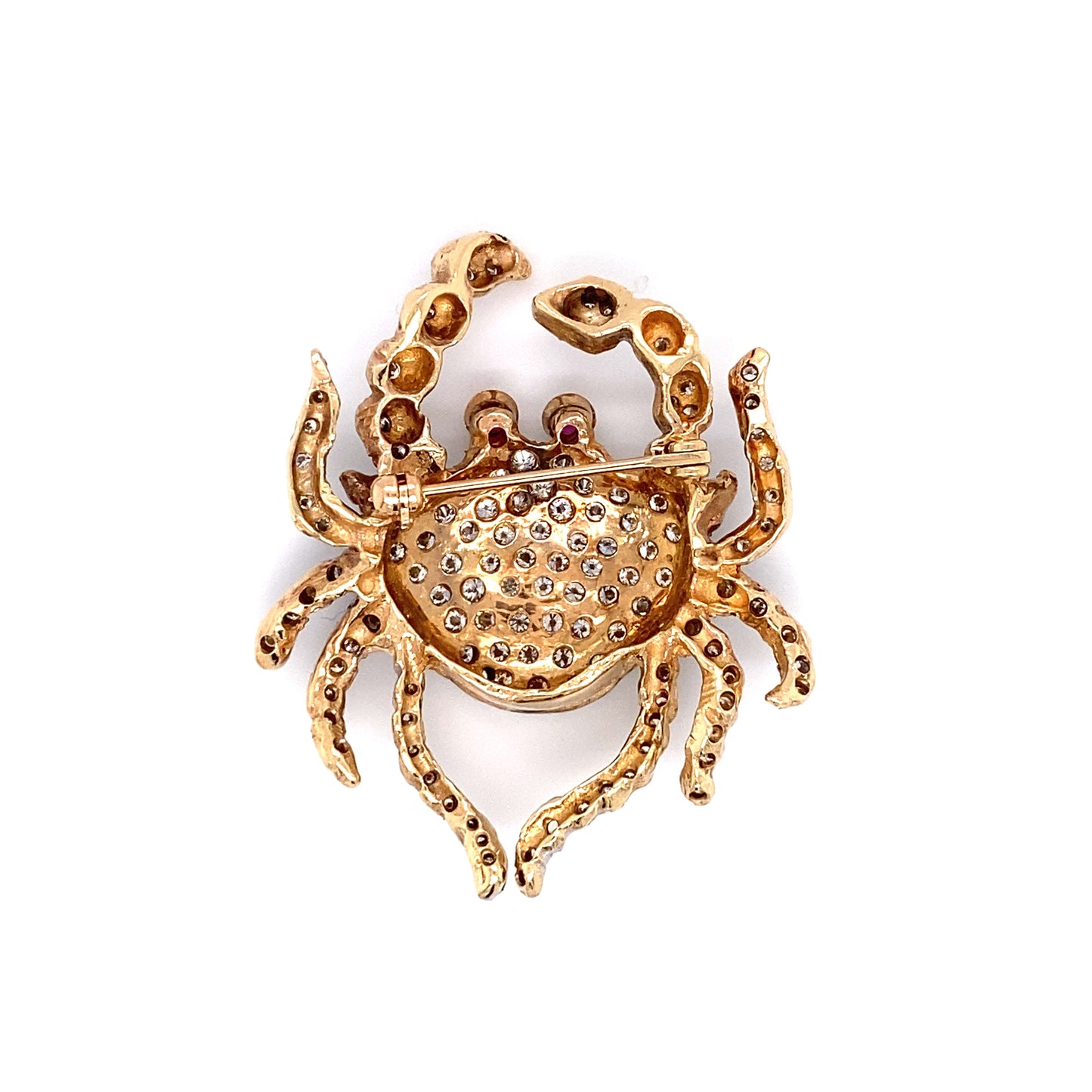 Circa 1960s 2.0 Carat Diamond and Ruby Crab Brooch in Platinum and 14K Gold