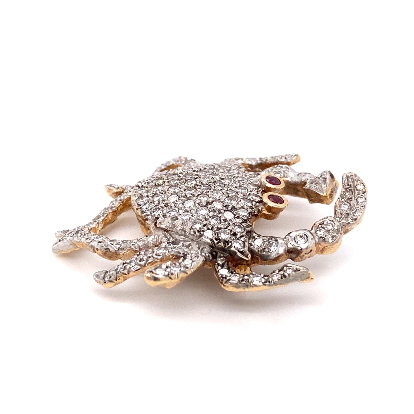 Circa 1960s 2.0 Carat Diamond and Ruby Crab Brooch in Platinum and 14K Gold