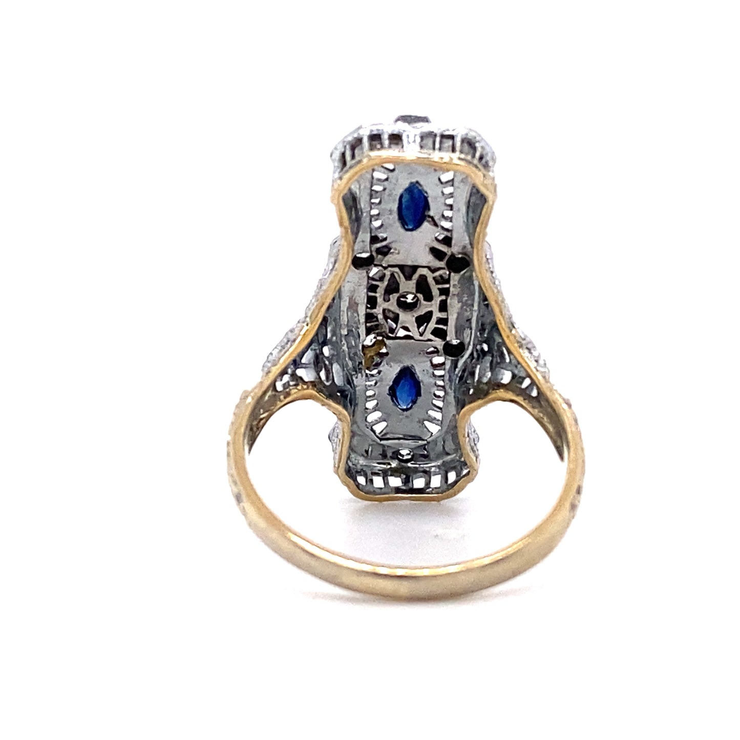 Circa 1920s Art Deco Elongated Filigree Sapphire Ring in Platinum and 18K Gold