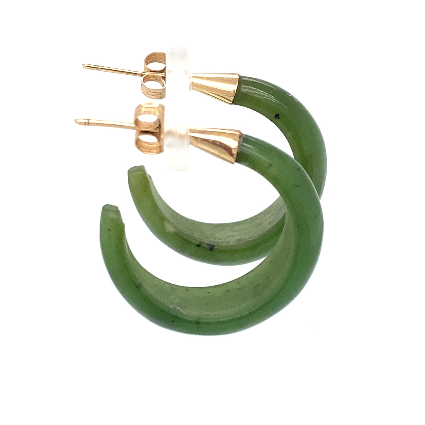 Circa 1980s Curved Green Jade Open Hoop Earrings in 14K Gold