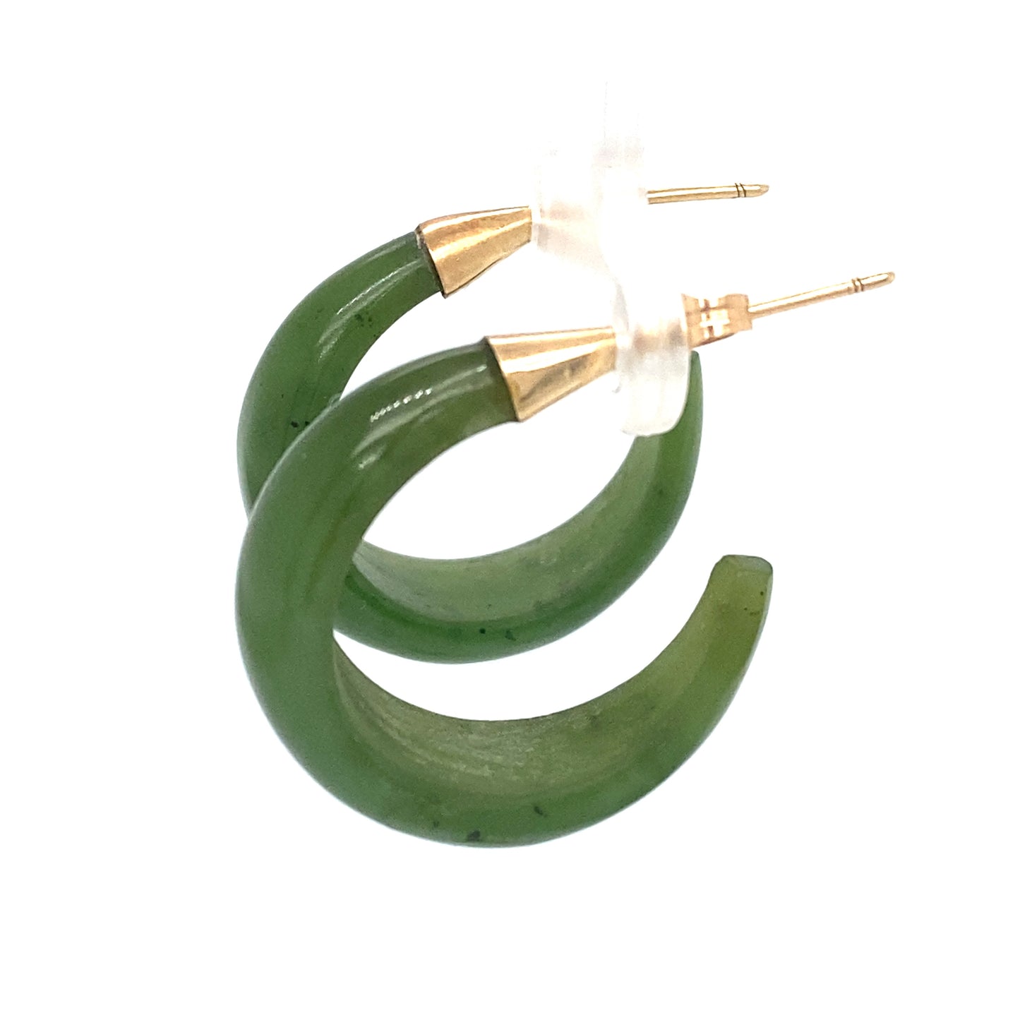 Circa 1980s Curved Green Jade Open Hoop Earrings in 14K Gold