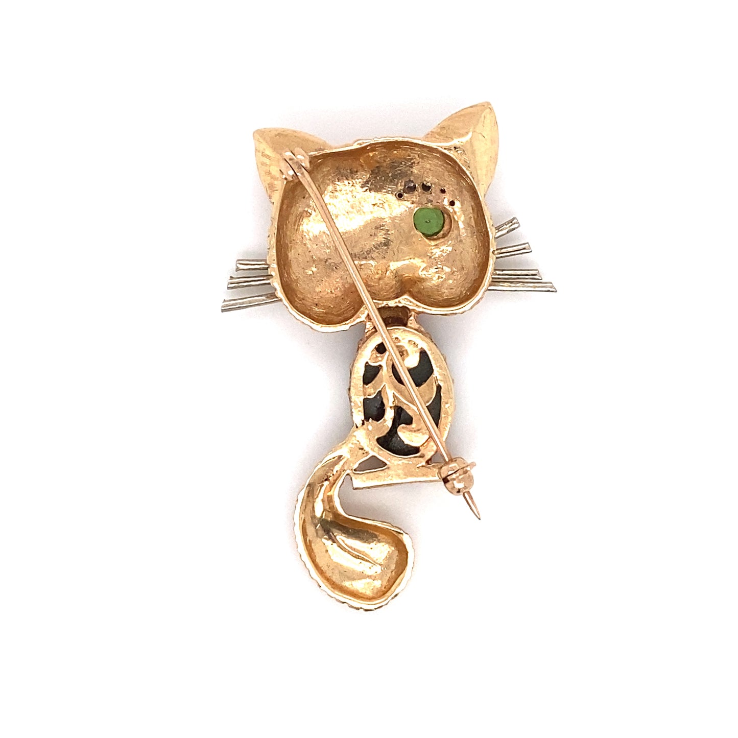 Circa 1960s Star Sapphire, Peridot and Diamond Winking Cat Brooch in 14K Gold