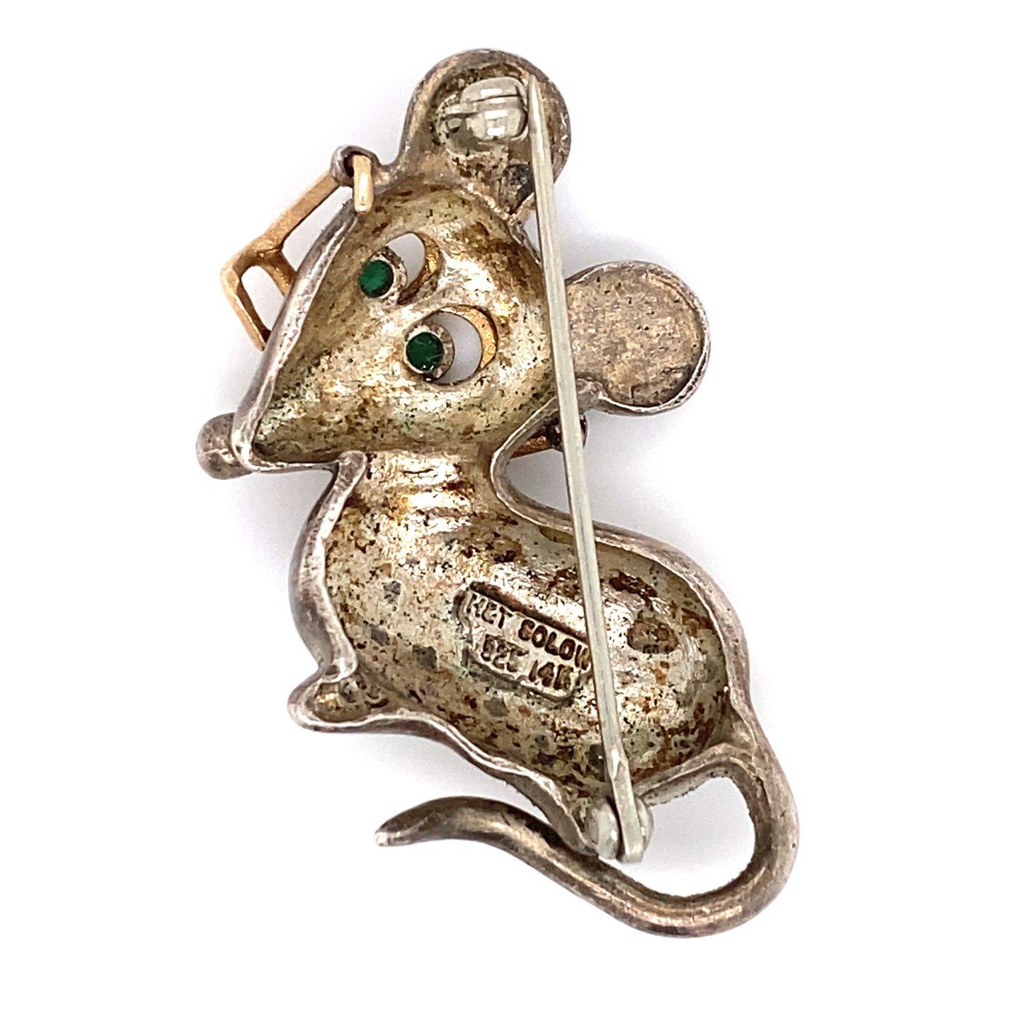 Circa 1950s Mouse Brooch with Green Glass Eyes in Sterling Silver and 14K Gold