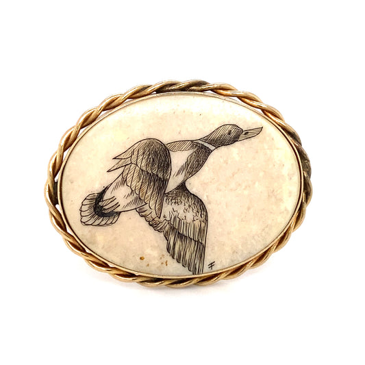 Circa 1950s RONCI Scrimshaw Etching Duck Brooch on Bone in 14K Gold