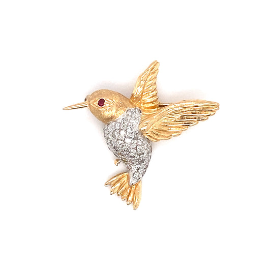 Circa 1940s Diamond Hummingbird Brooch in 14K Gold