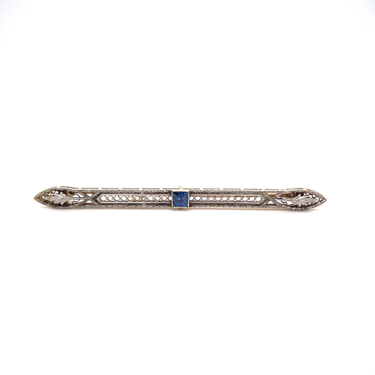 Circa 1920s Art Deco Filigree Sapphire Bar Pin in 14K Gold and Platinum