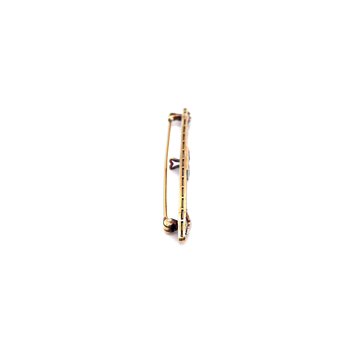Circa 1920s Art Deco Diamond and Sapphire Bar Brooch in 14K Gold and Platinum