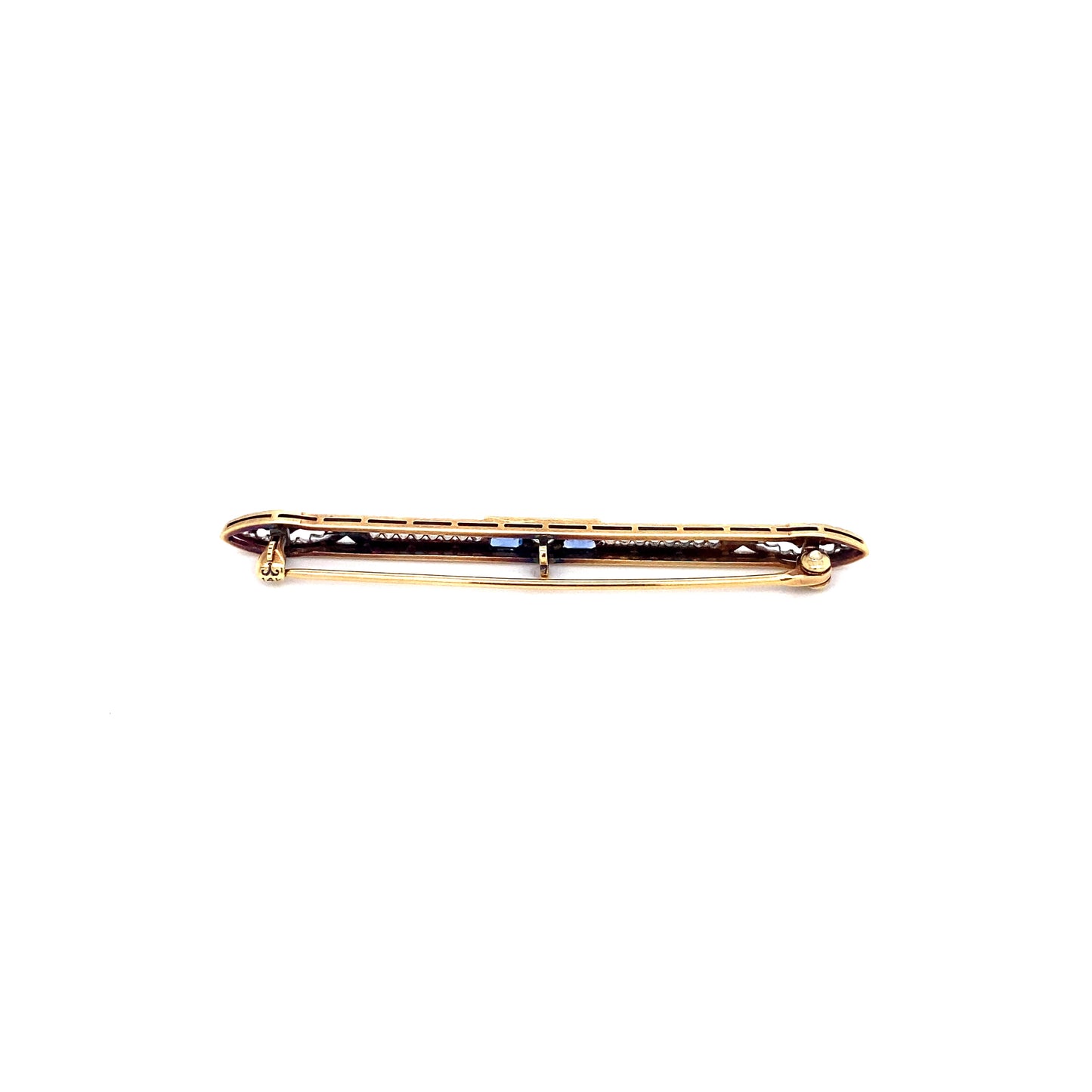 Circa 1920s Art Deco Diamond and Sapphire Bar Brooch in 14K Gold and Platinum