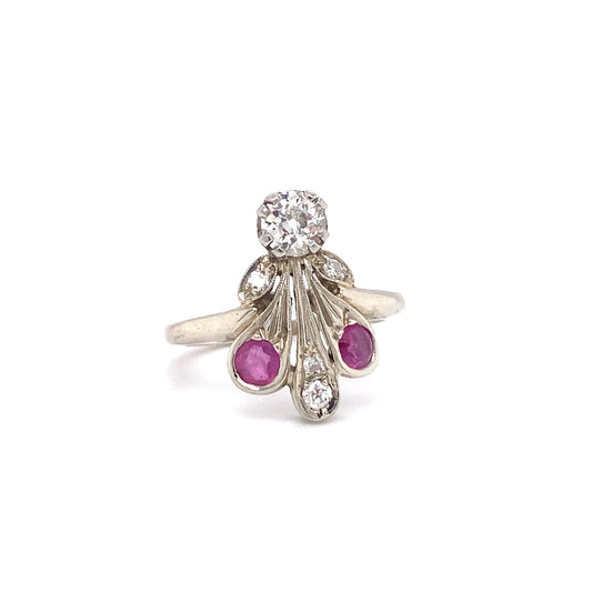 Circa 1920s 0.50 Carat Diamond and Ruby Ring in 14K White Gold