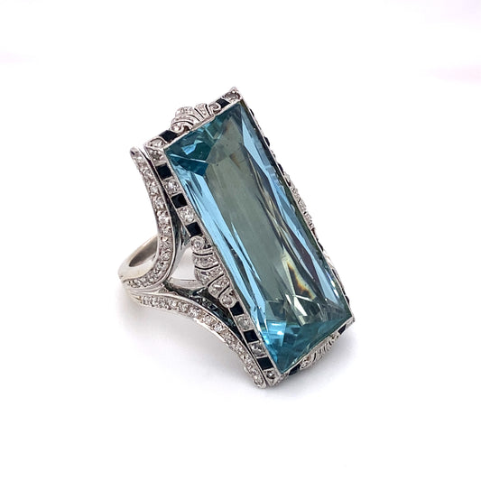 Circa 1980s Art Deco Style 28 Carat Aquamarine Cocktail Ring in 18K White Gold