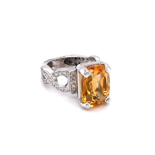 Circa 1980s 6.0 Carat Citrine and Diamond Ring in Platinum and 18K White Gold