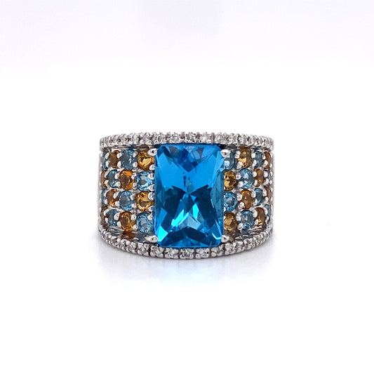 Circa 1980s Blue Topaz, Citrine, and Diamond Cigar Band in 14K White Gold