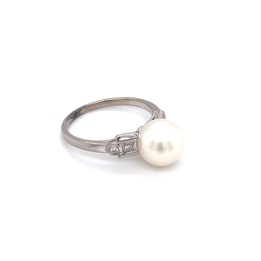 Circa 1940s Mikimoto 8.5mm Pearl and Diamond Ring in 14K White Gold
