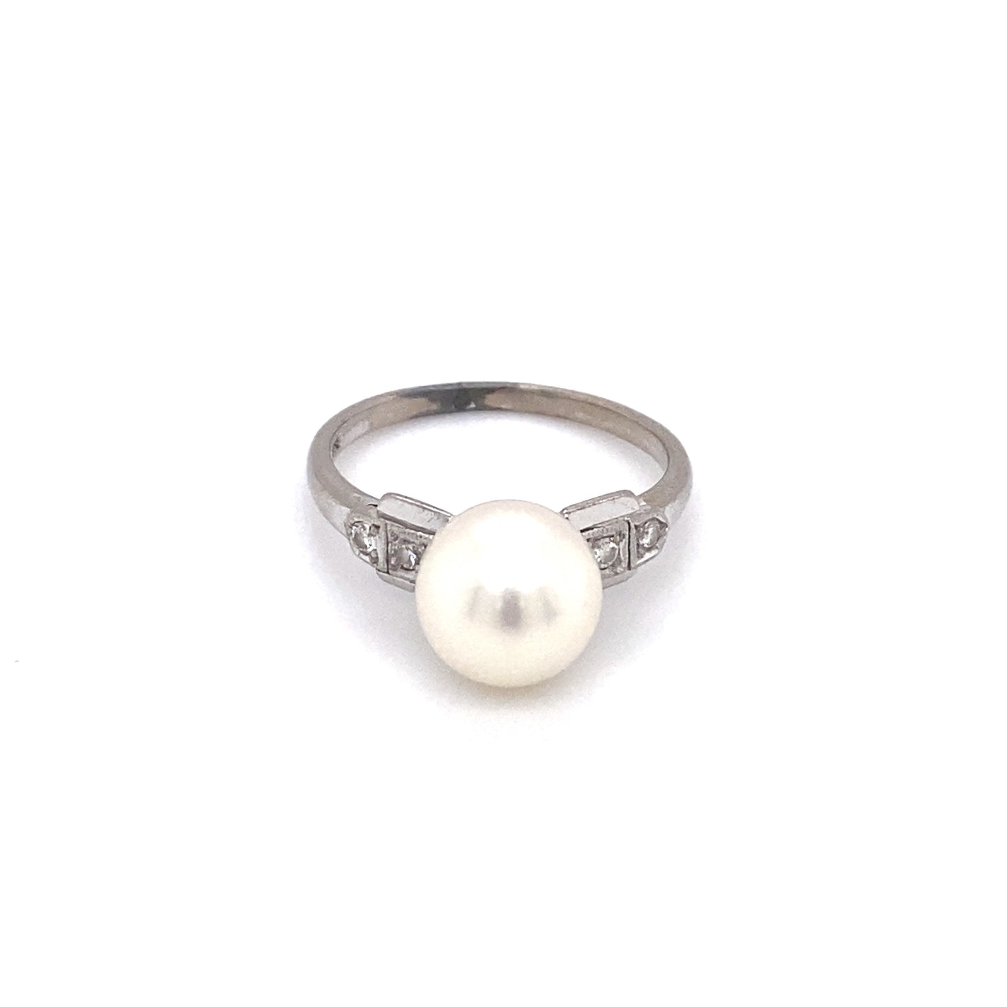 Circa 1940s Mikimoto 8.5mm Pearl and Diamond Ring in 14K White Gold