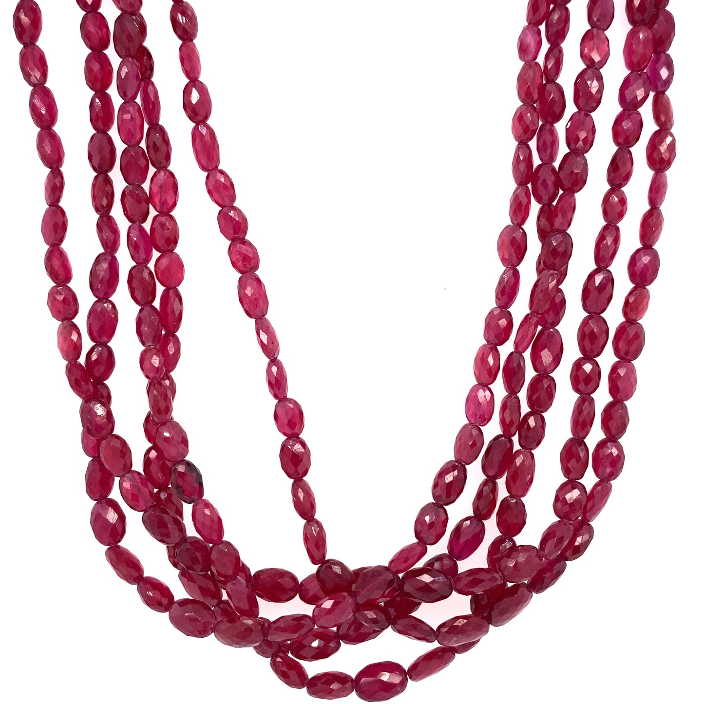 Circa 1990s Five Strand Faceted Ruby Bead Necklace with 18k Gold Magnetic Clasp