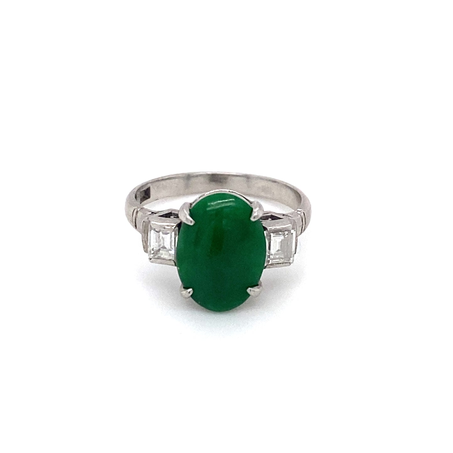 Circa 1930s Oval Green Jade and Diamond Three Stone Ring in Platinum