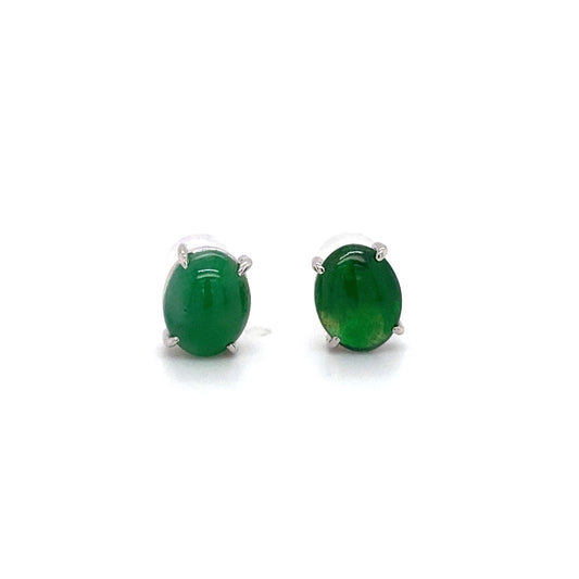 Oval 2.10 Carat Green Apple Jade Cabochon Stud Earrings in Platinum
