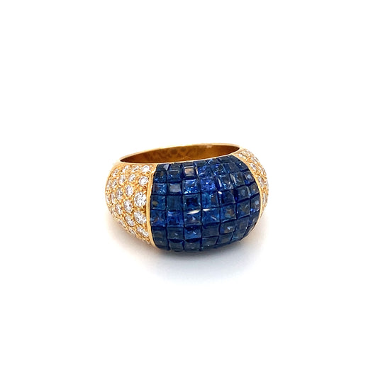 Circa 1980s Invisible Set Sapphire and Diamond Dome Ring in 18K Gold