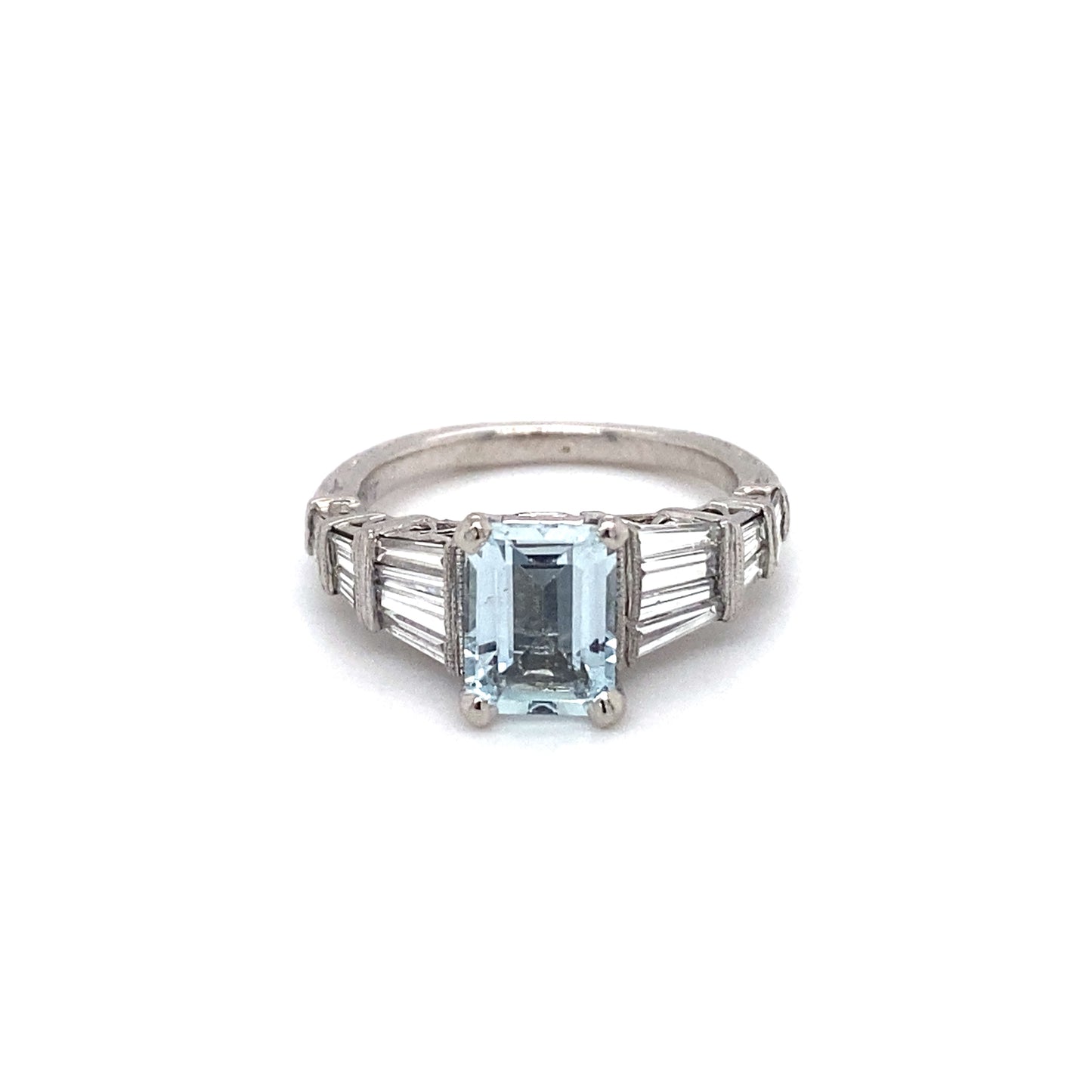 Circa 1980s 2.0 Carat Aquamarine and 1.17 Carat Diamond Ring in Platinum
