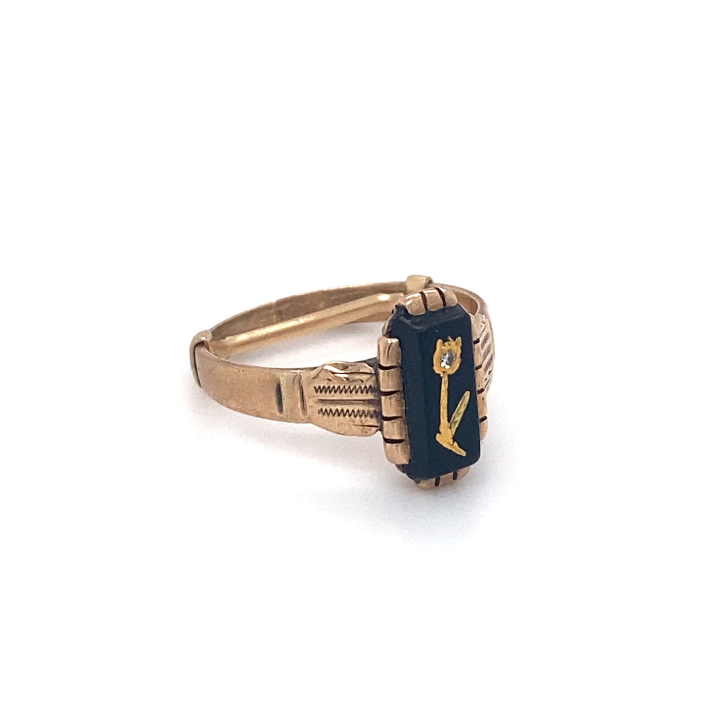 Circa 1890s Victorian Inlaid Onyx and Diamond Rose Motif Ring in 10K Gold