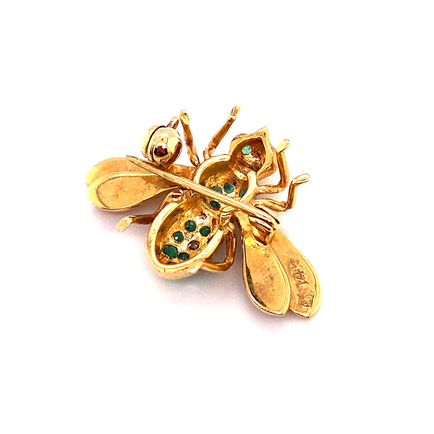 Circa 1960s Emerald and Diamond Insect Pin in 14K Gold